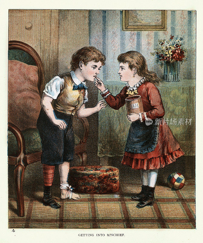 男孩和女孩，淘气偷果酱，维多利亚儿童艺术，19世纪