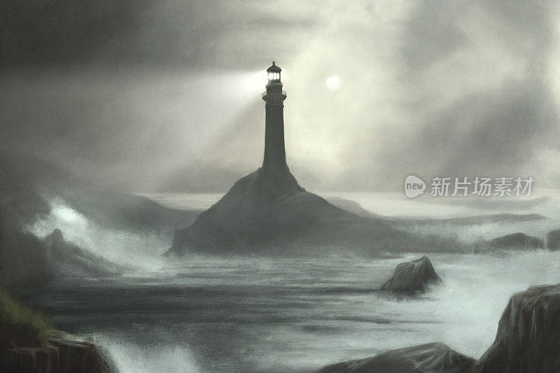 灯塔照亮海洋海湾，海景的插图