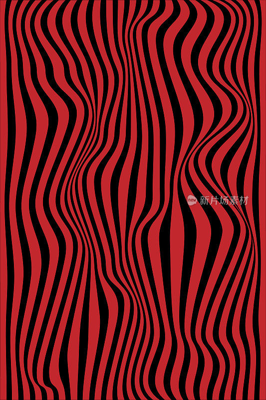 红色和黑色线条的漩涡背景波。扭曲和扭曲的矢量纹理在时尚的复古迷幻风格