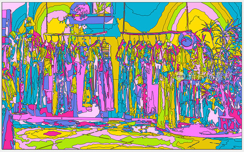 勾勒风格霓虹色彩的立体卡通室内场景,服装卖场的室内空间