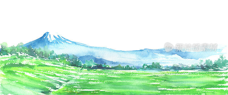 富士山景及茶园水彩画