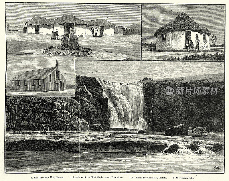 Kaffraria的场景，现在的南非东开普省，教堂，乌姆塔塔瀑布，1880年代，19世纪