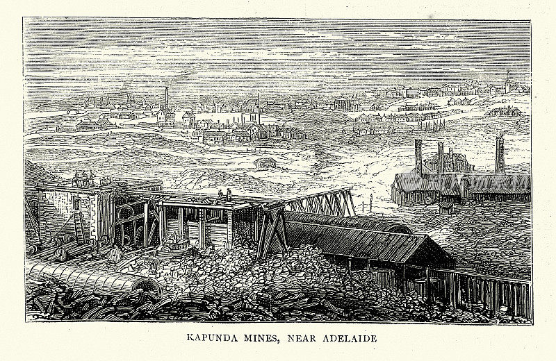 草图在南澳大利亚，卡潘达铜矿，阿德莱德附近，澳大利亚历史，19世纪70年代，19世纪