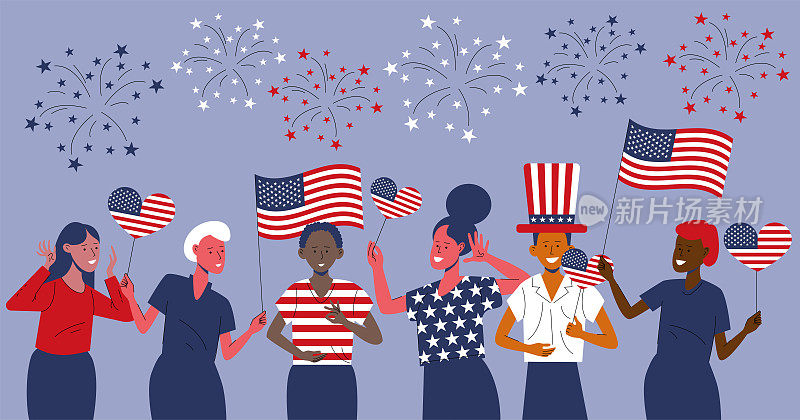 国旗美国7月4日庆祝独立日概念。庆祝美国独立日。一群人挥舞着美国国旗