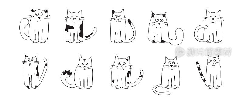 可爱的猫涂鸦，卡通动物，有趣的宠物，快乐的小猫字符手绘矢量图标。黑白喵星人系列。孩子们说明