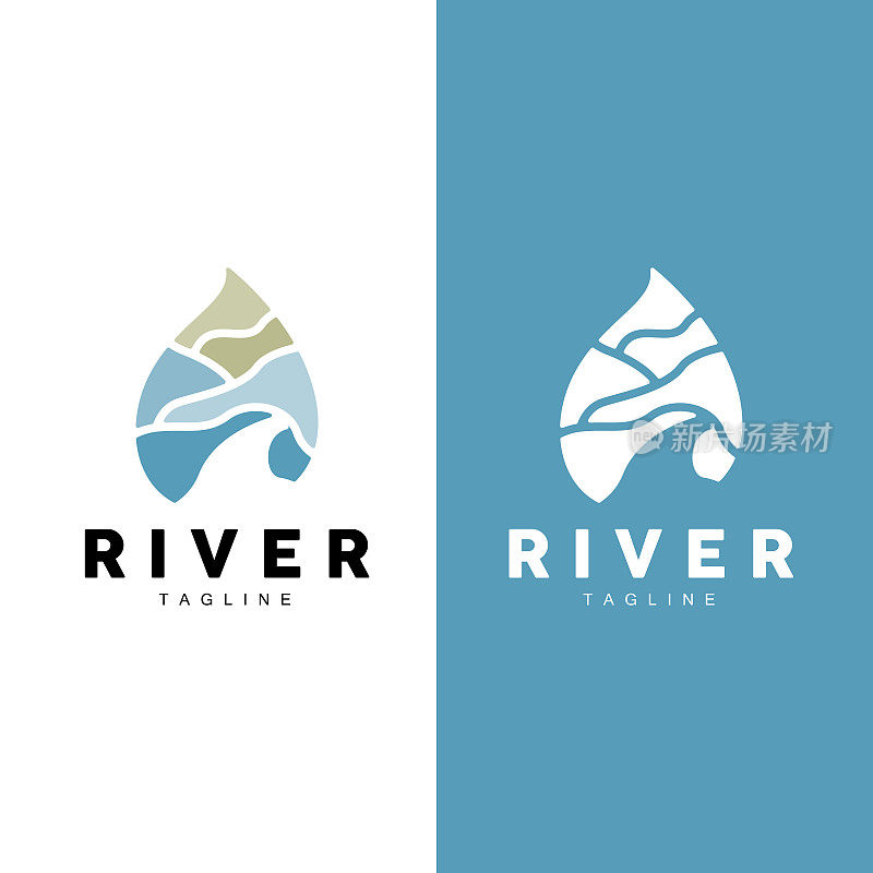 河流标志，流光矢量，河岸，山脉和农场设计，插图符号图标