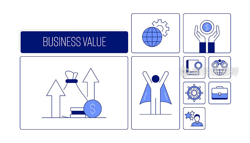商业价值相关的矢量横幅设计概念，现代线条风格与图标