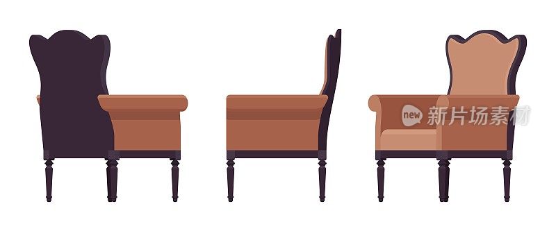 扶手椅，软翼椅，翼背家具套装，天然棕色，黑色