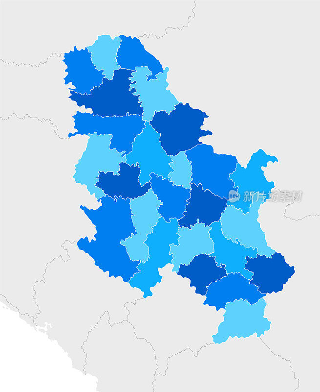 高详细塞尔维亚蓝色地图地区和国家边界的罗马尼亚，保加利亚，科索沃，北马其顿，阿尔巴尼亚，黑山，匈牙利，希腊，克罗地亚