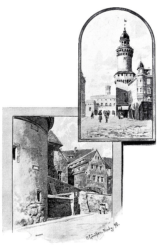 G?rlitz，德国，Gate tower, Kaisertrutz和Nei?e河边的老堡垒