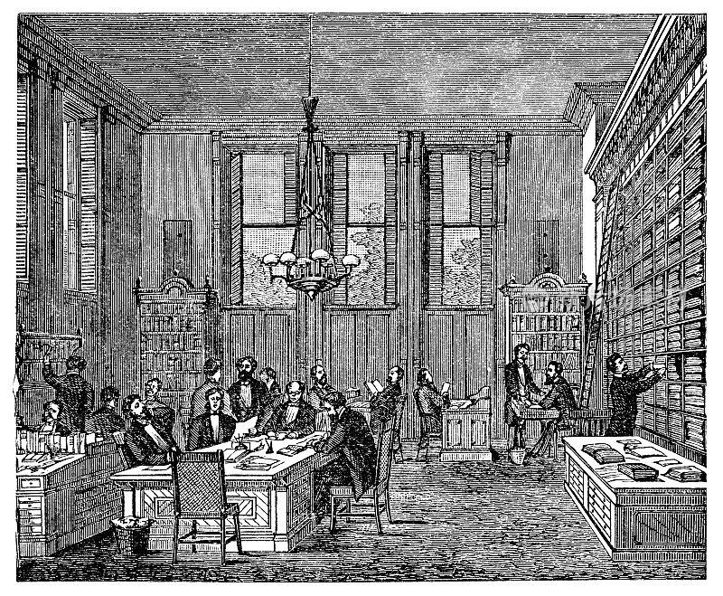 19世纪，美国纽约州布法罗的荣军酒店和外科学院私立医院(皮尔斯宫)的医学图书馆和会议室