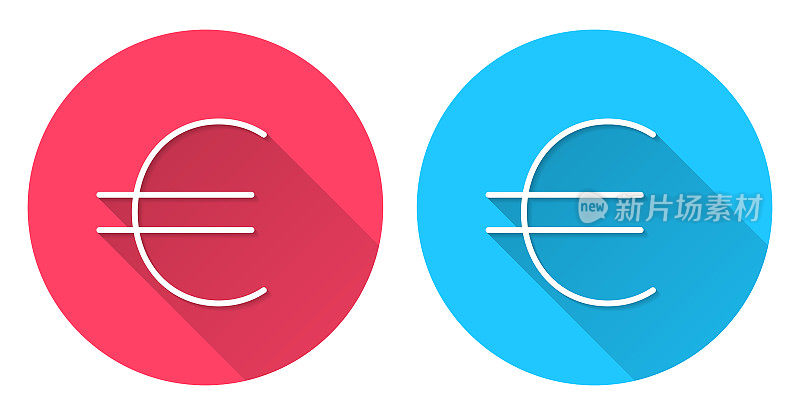欧元符号。圆形图标与长阴影在红色或蓝色的背景