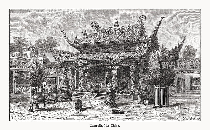 中国佛教寺庙，木版雕刻，1894年出版