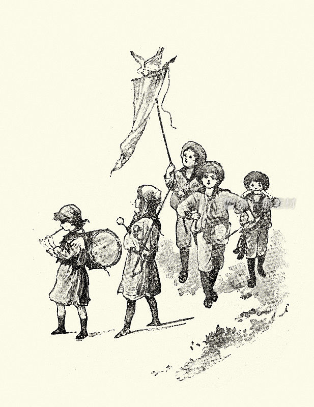 19世纪,维多利亚时代,一群孩子在游行乐队演奏