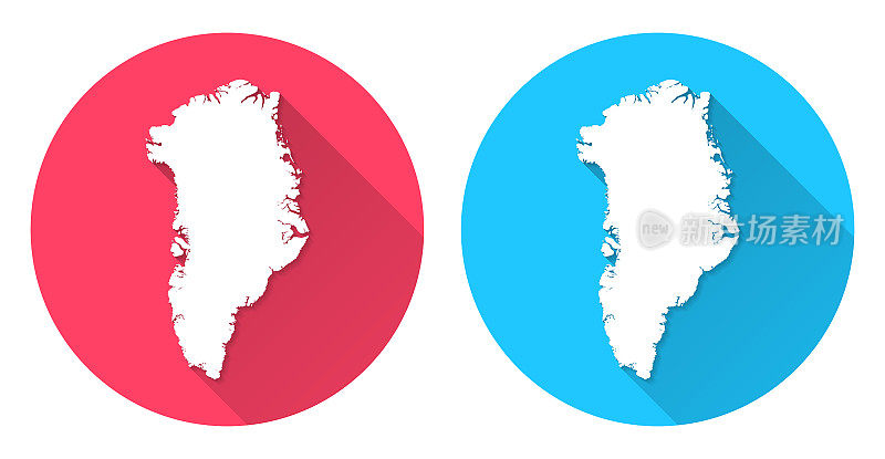 格陵兰岛的地图。圆形图标与长阴影在红色或蓝色的背景