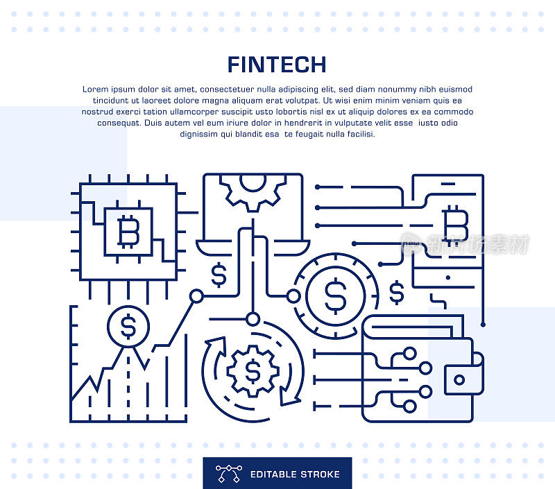 金融科技概念标题，网页横幅模板。可编辑的细线插图