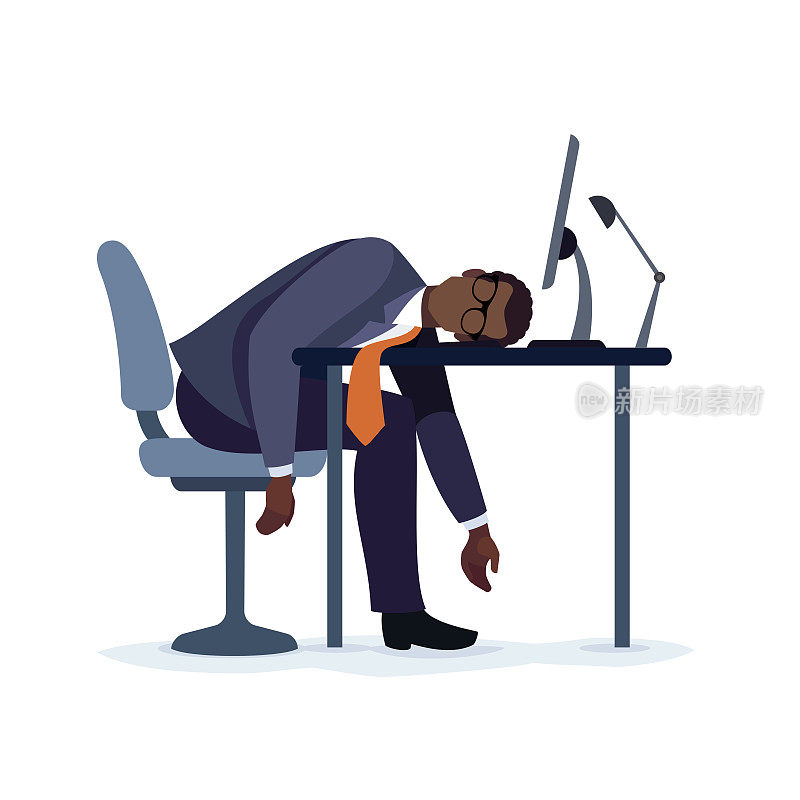 非裔美国商人劳累过度，上班时打瞌睡。