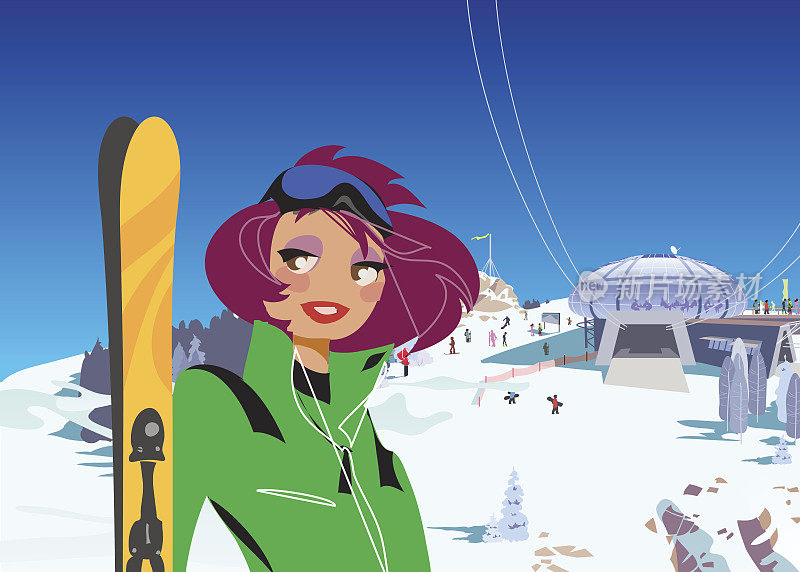 冬季运动胜地在山上，滑雪缆车，滑雪女孩