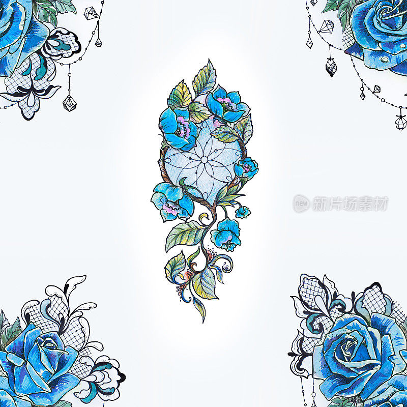 无缝模式捕梦网和蓝色玫瑰在白色的背景。