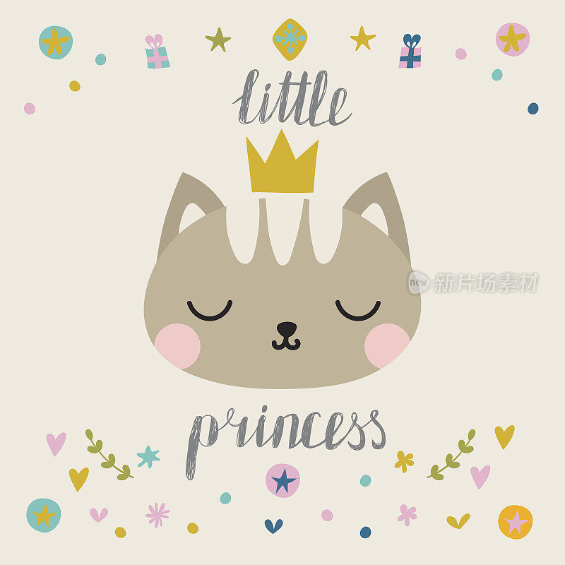 小公主。戴着皇冠的可爱小猫。时尚猫咪。幼稚的明信片