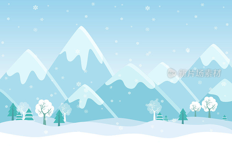 向量简单的平面插图的冬季山景观与树木，松树和山丘。