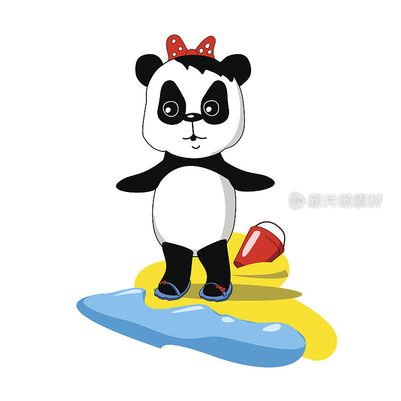 可爱的熊猫宝宝在沙滩上海浪和沙子，矢量插图卡通风格