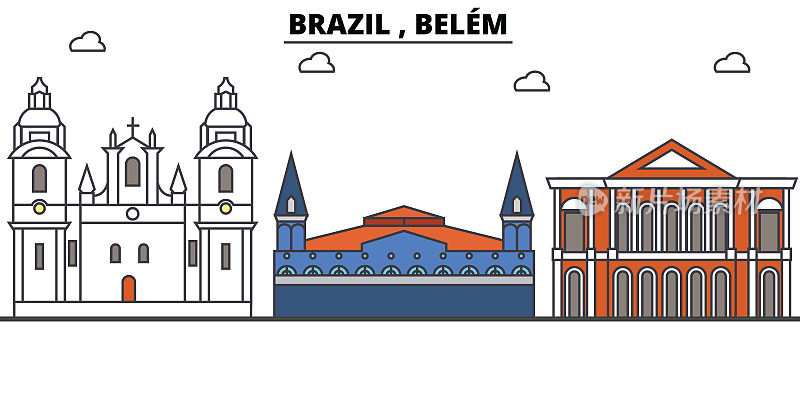 巴西、贝伦勾勒天际线、巴西平细线图标、地标、插图。巴西，贝伦城市景观，巴西旅游城市向量旗帜。城市的轮廓