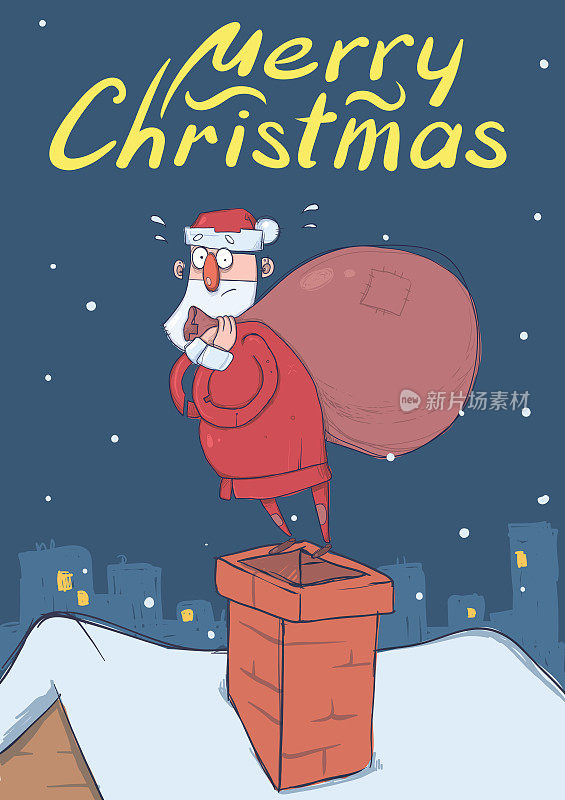 圣诞卡片，滑稽困惑的圣诞老人与大袋子站在一个烟囱在雪夜城市。圣诞老人看起来迷路了。垂直的矢量图。卡通人物。刻字。副本的空间。