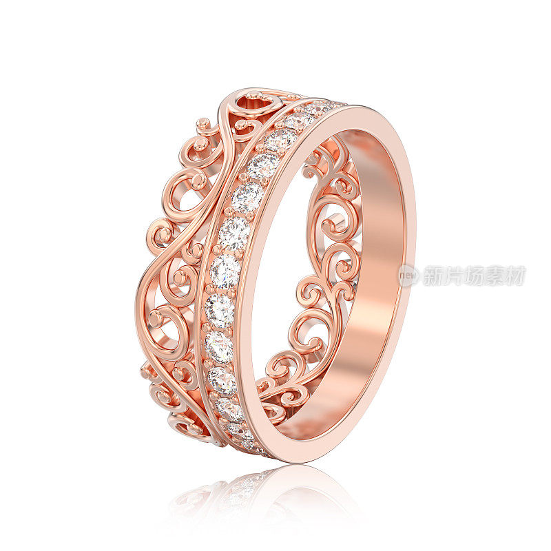 3D插图孤立玫瑰金装饰王冠钻石戒指与反射