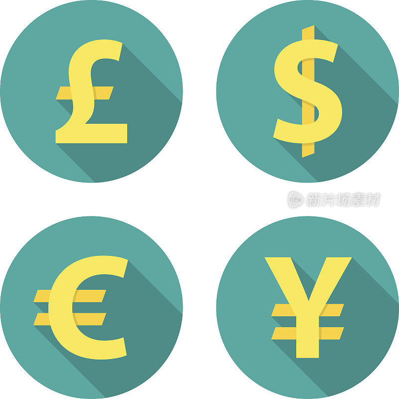 货币兑换圈图标的阴影较长。美元，欧元，英镑，日元。平面设计风格。