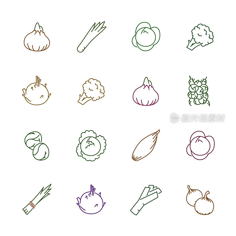 蔬菜图标-洋葱，卷心菜和花椰菜