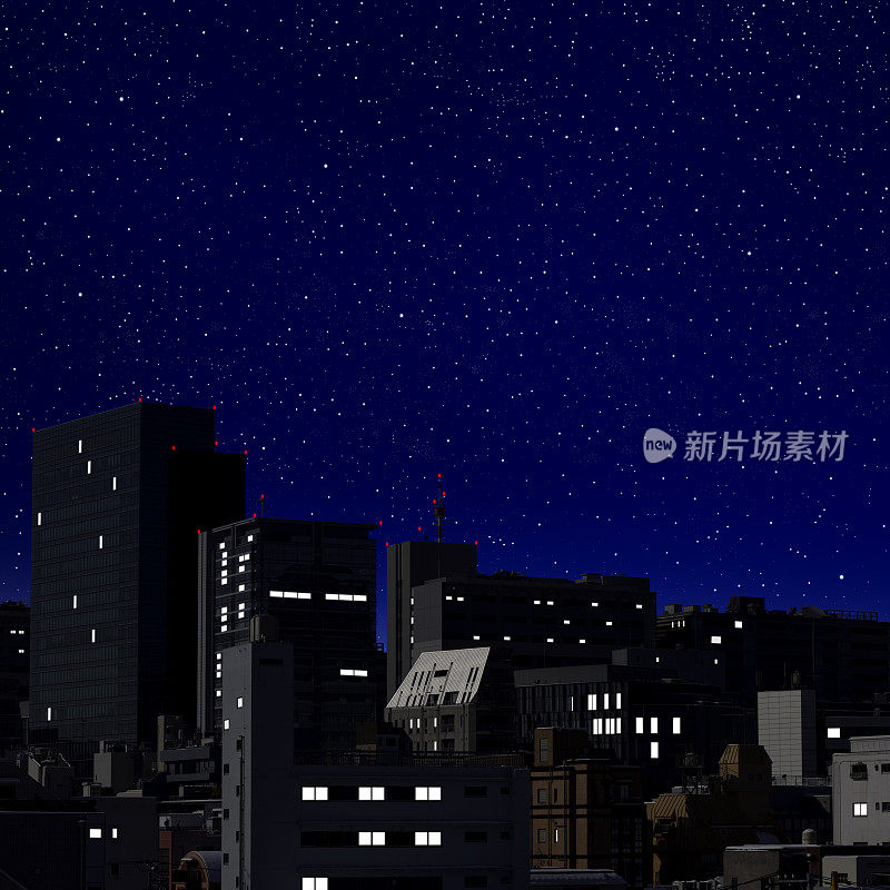 很多星星在摩天大楼的天空中闪烁。