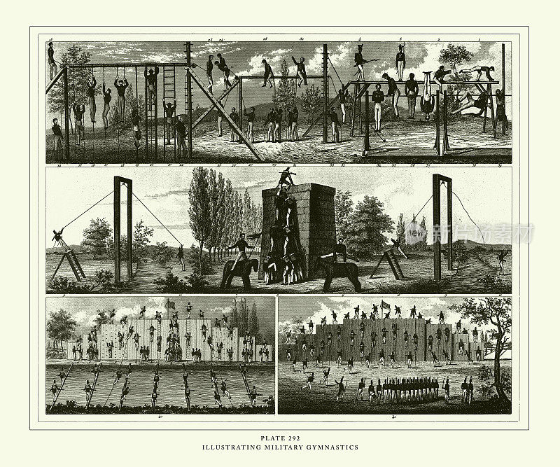 雕刻古董，图解军事体操雕刻古董插图，出版于1851年