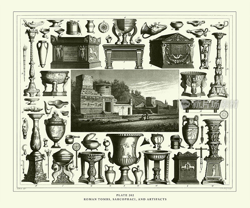 雕刻古董，罗马坟墓，石棺和文物雕刻古董插图，出版于1851年