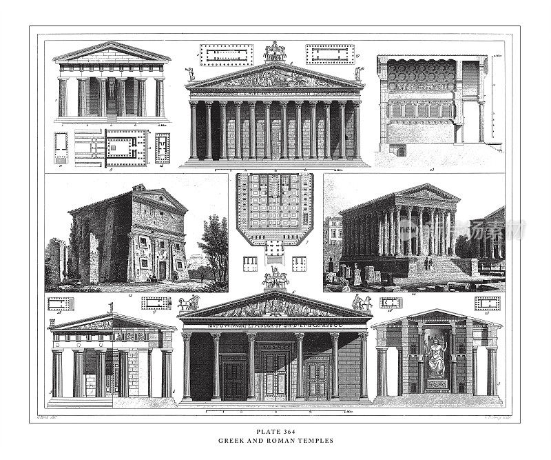 希腊和罗马寺庙雕刻古董插图，出版于1851年