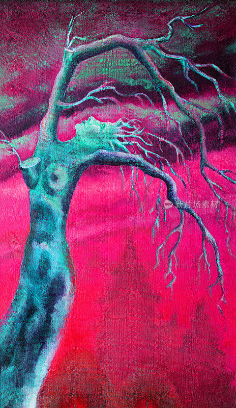 时尚的冬季插图现代艺术作品寓言油画象征现代的垂直肖像印象派的孤独女人的形象在装饰的傍晚的背景上的一棵树的夕阳在粉红色的阴影