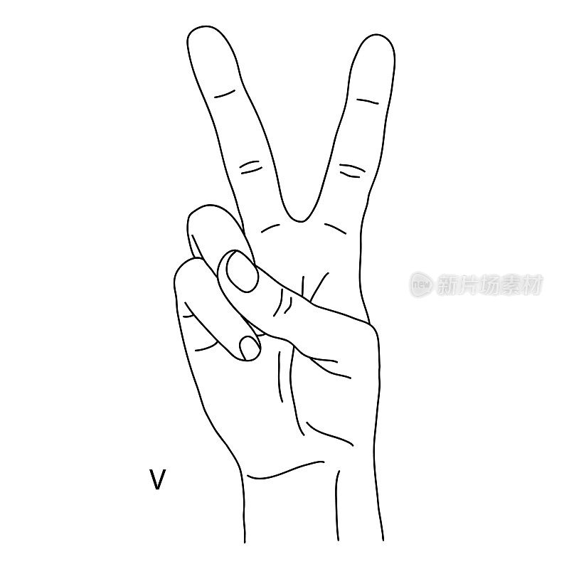 V是手语字母表中的第22个字母。举起两根手指的手势。手的手指上显示的是2号。一只手的黑白画。胜利的手