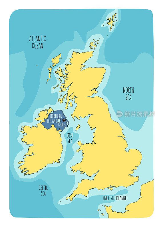 北爱尔兰和不列颠群岛手绘地图。
