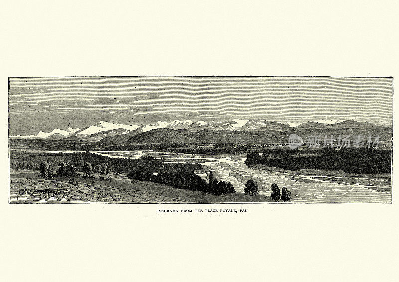19世纪法国比利牛斯-阿特勒古堡的全景图
