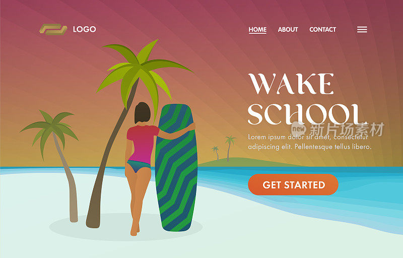尾流滑板学校UI用户体验矢量网页模板，尾流站着陆页面，运动营地。年轻的运动女孩拥抱一个尾流板，而站在白色的沙滩上棕榈树和看日落。