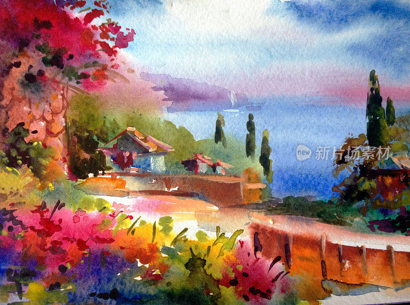 水彩色彩鲜艳，纹理鲜明，抽象背景手工制作。地中海风景。描绘海岸的建筑和植被
