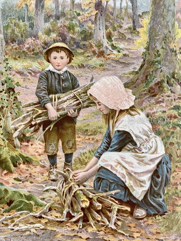 男孩和女孩正在清理森林