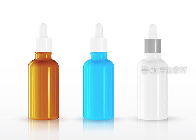 一套逼真的化妆品容器不同颜色的玻璃与胶原蛋白溶液广告背景准备使用，豪华护肤霜。美容产品广告设计。透明的吸管