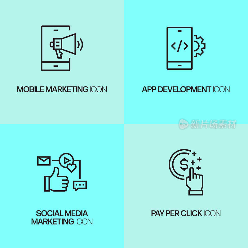 数字营销相关线图标。向量符号说明。