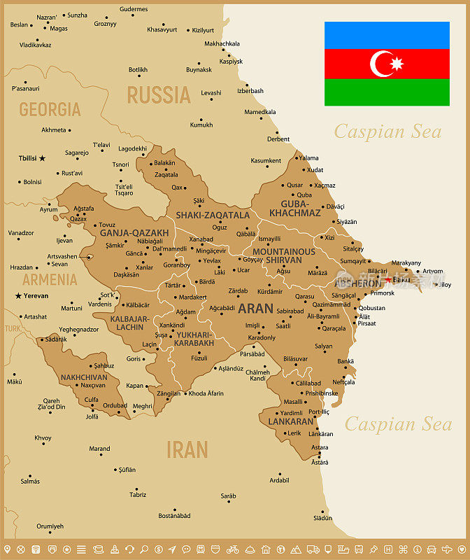 阿塞拜疆的地图。矢量金色插图与国旗，地理边界和导航图标