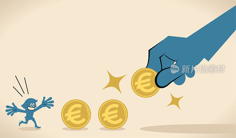 大手正在给欧盟货币(欧元符号硬币，钱)来吸引(激励)一个女商人;帮助女性企业家开办新企业;为小企业筹集资金