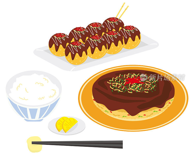 章鱼烧和御名烧的矢量插图。大阪当地食物。
