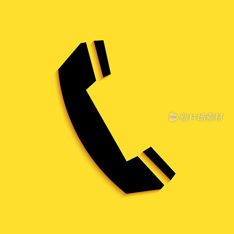 黑色电话听筒图标孤立在黄色背景上。电话的信号。呼叫支持中心符号。通信技术。长长的阴影风格。向量