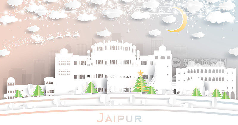 印度斋浦尔城市天际线剪纸风格的雪花，月亮和霓虹灯花环。