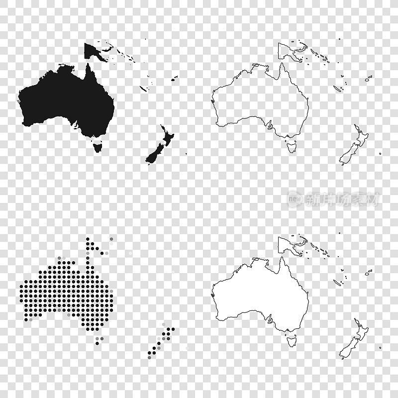 大洋洲地图设计-黑色，轮廓，马赛克和白色